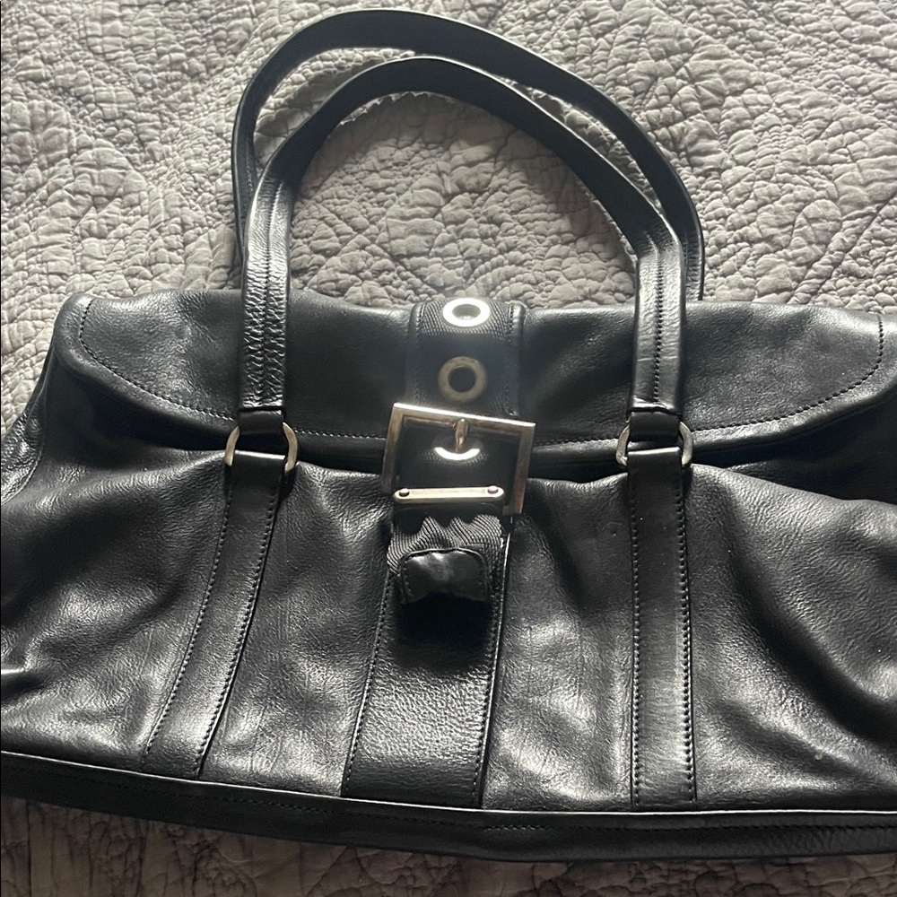 Prada Black Leather Bag with Logo Plaque